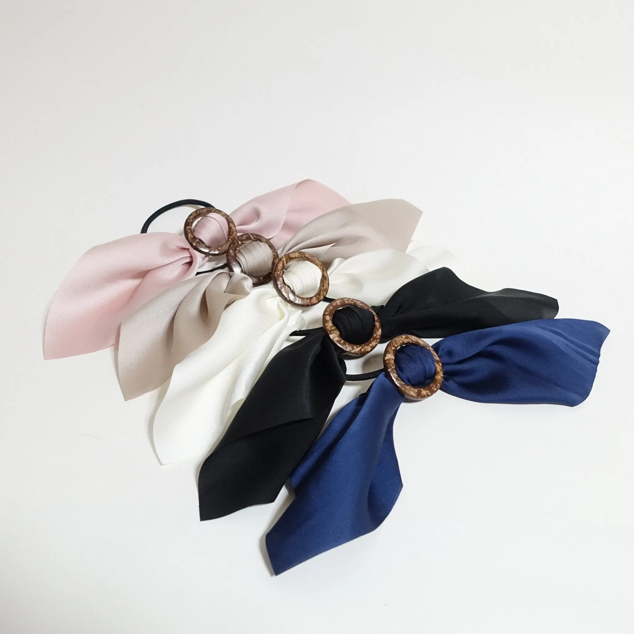 Wood Buckle Decorated Satin Wing Bow Hair Elastics Ponytail Holder