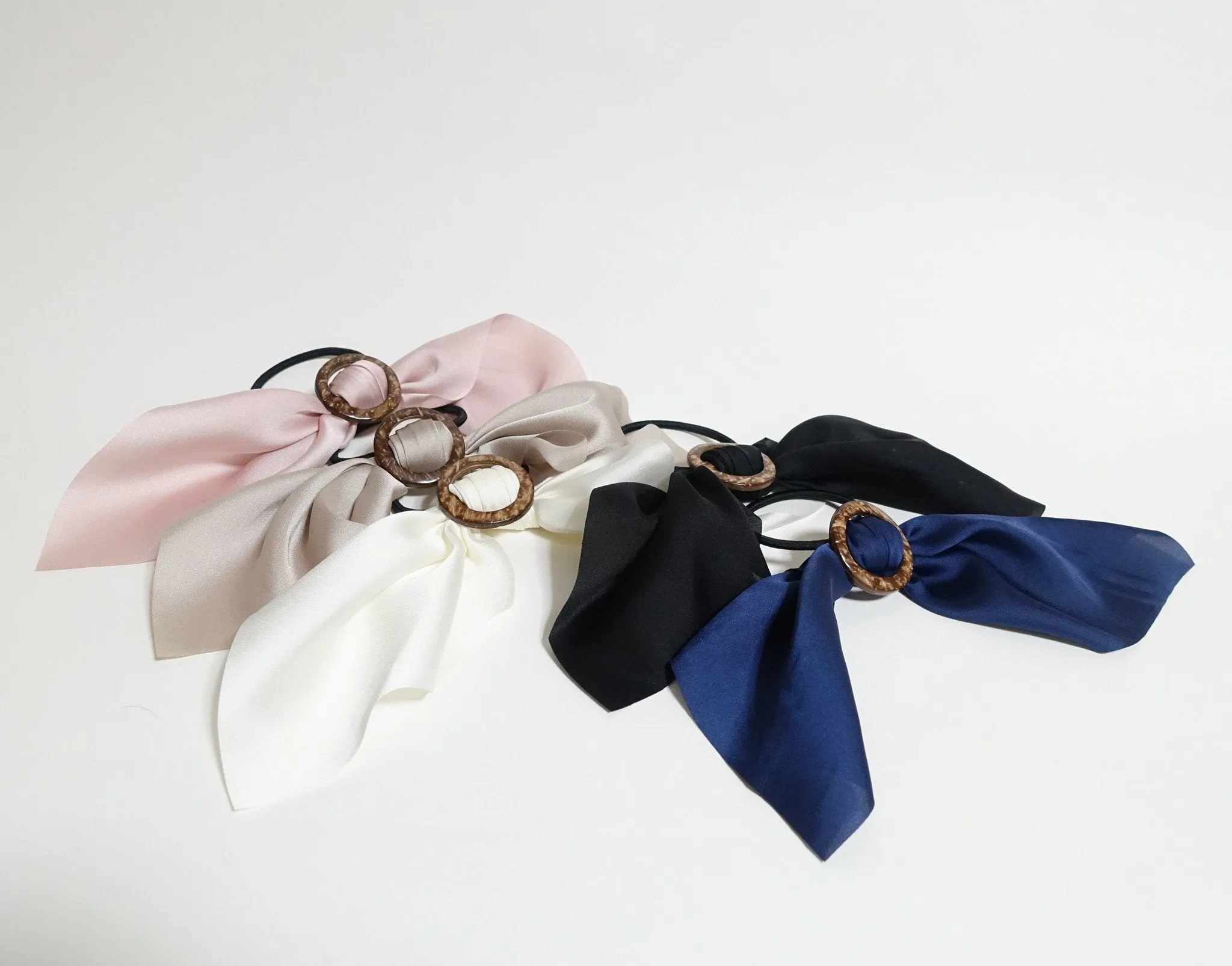 Wood Buckle Decorated Satin Wing Bow Hair Elastics Ponytail Holder