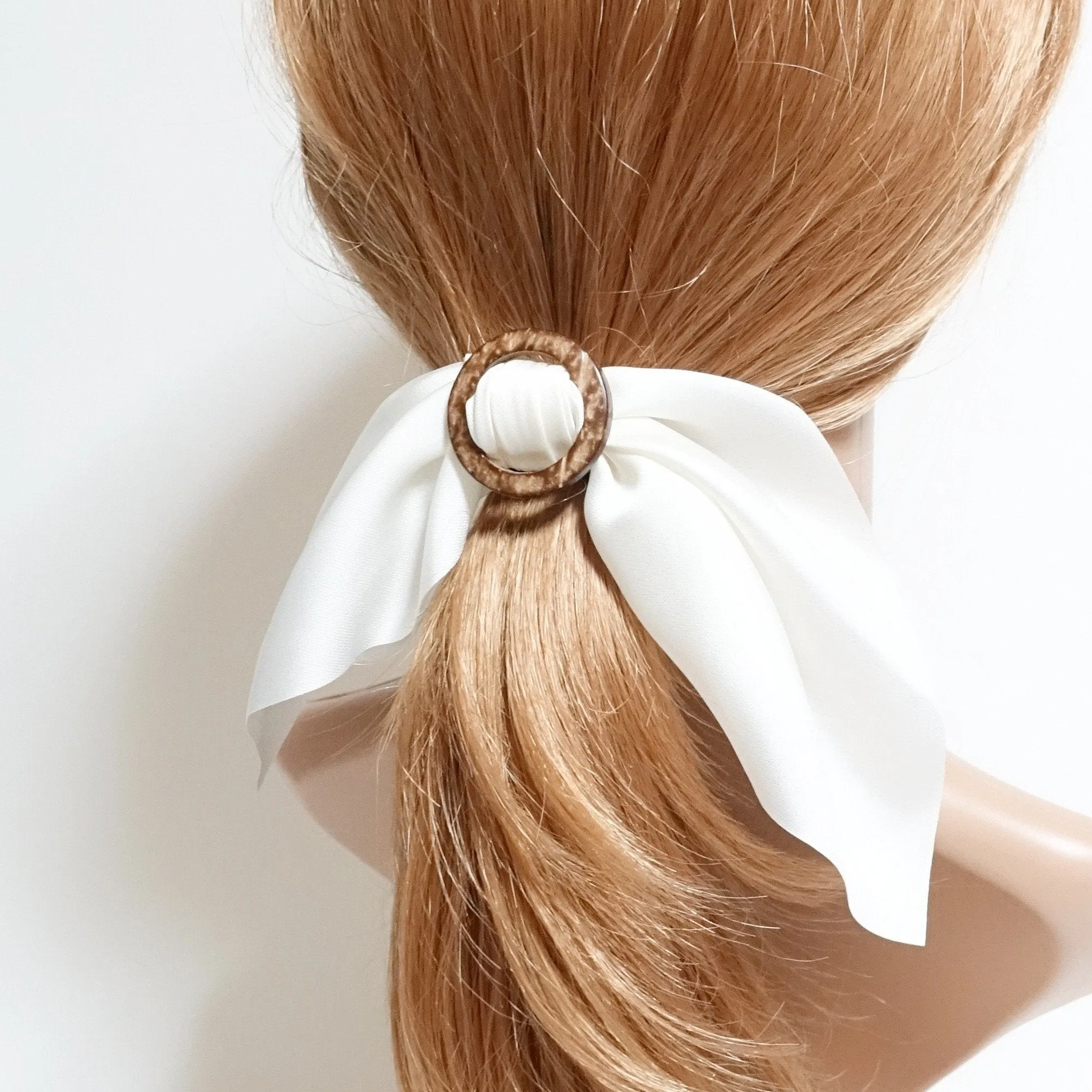 Wood Buckle Decorated Satin Wing Bow Hair Elastics Ponytail Holder
