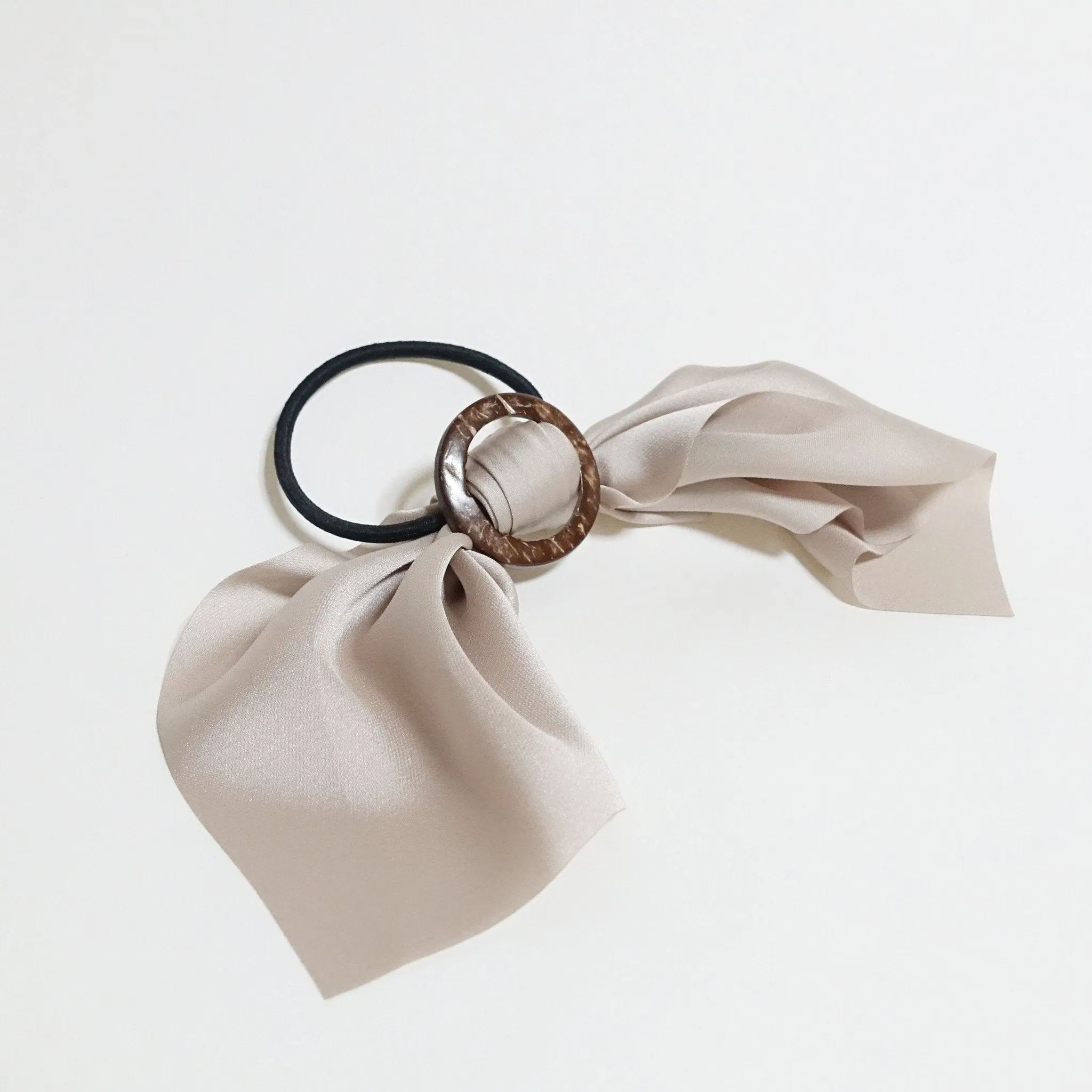 Wood Buckle Decorated Satin Wing Bow Hair Elastics Ponytail Holder